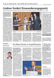 Zeitungsbericht der SWP zum Neujahrsempfang der FDP mit Christian Lindner im "Capitol" Schwenningen